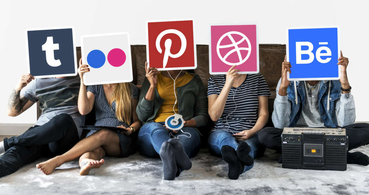 People holding icons of digital brands